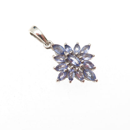 D'Joy 925 Sterling Silver Real Marquise-Cut Tanzanite Floral Charm Pendant