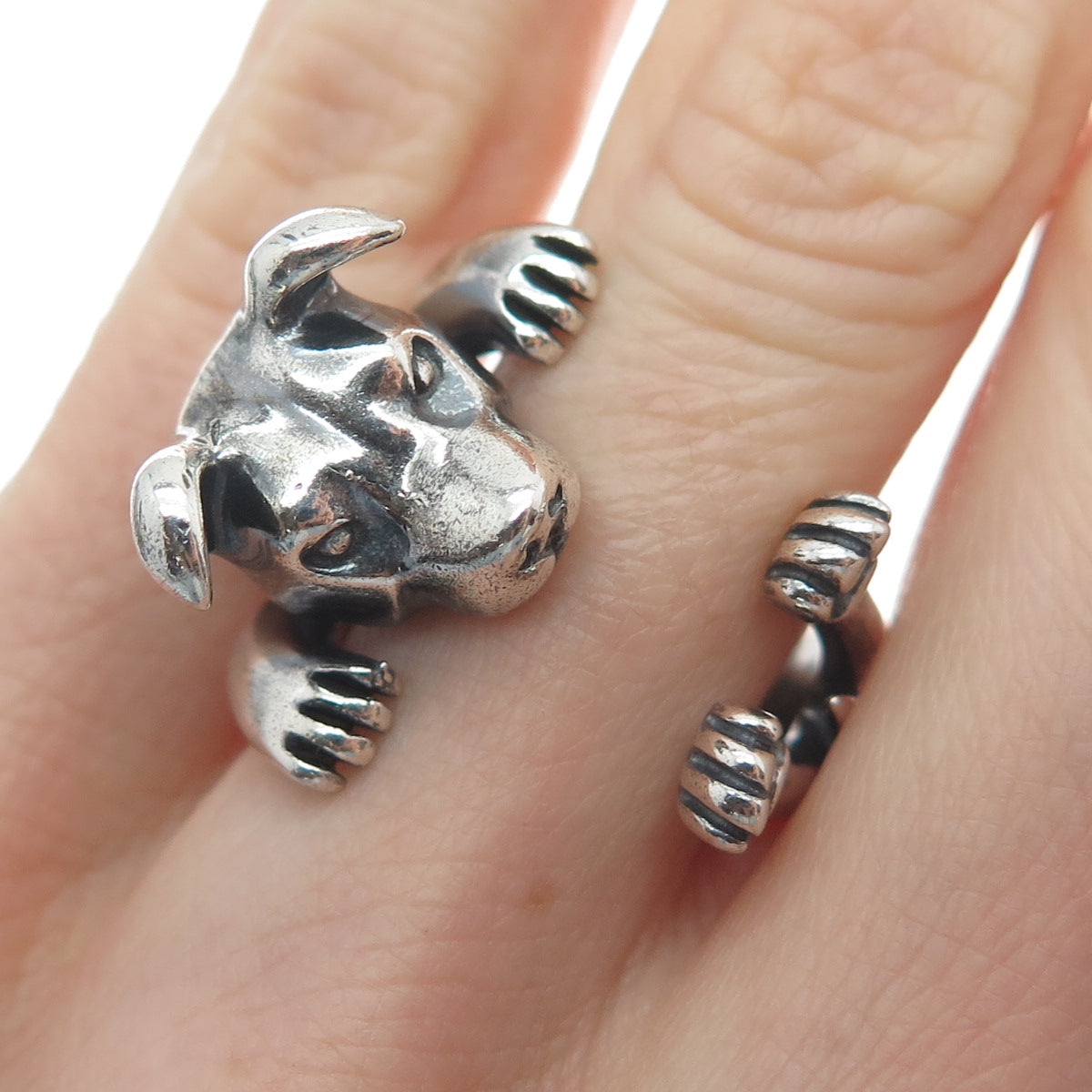 NOVE25 Sterling Silver Vintage Jack Russell Terrier Adjustable Hug Ring Size 6