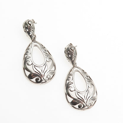 925 Sterling Silver Vintage Modernist Floral Teardrop Dangle Earrings