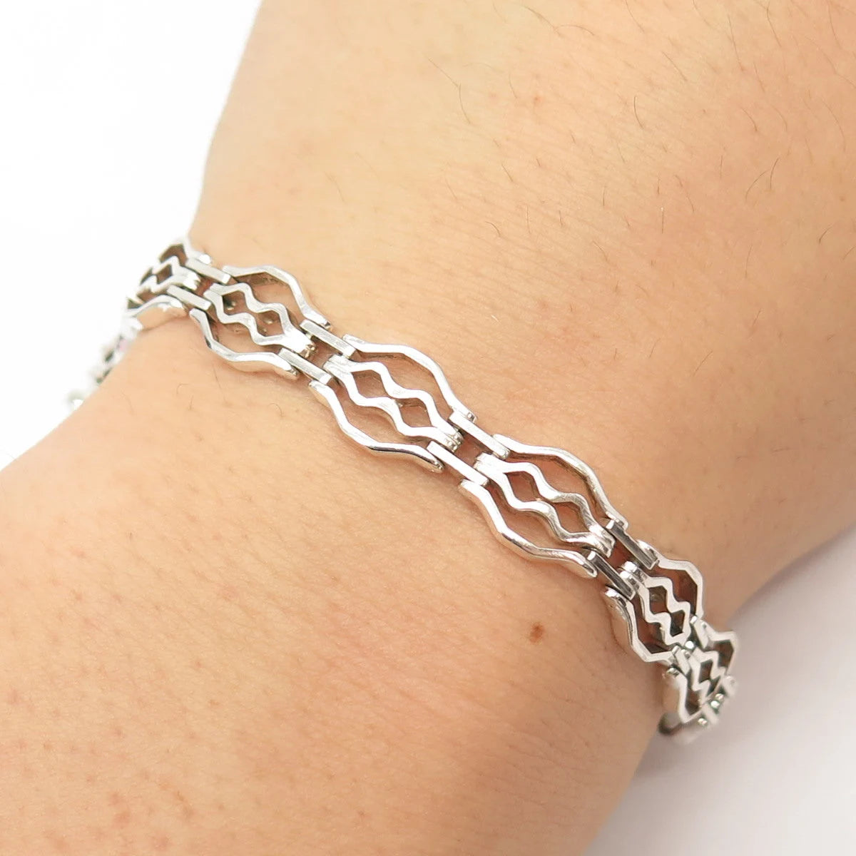 925 Sterling Silver Vintage Italy Water Pattern Panel Link Bracelet 7"