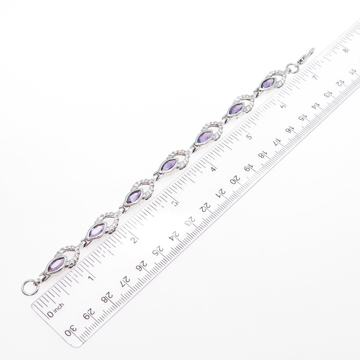 925 Sterling Silver Vintage Real Marquise-Cut Amethyst Modernist Bracelet 7"