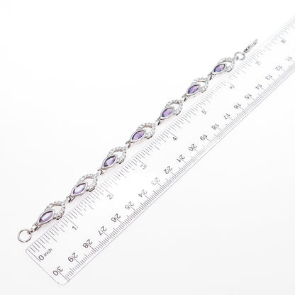 925 Sterling Silver Vintage Real Marquise-Cut Amethyst Modernist Bracelet 7"