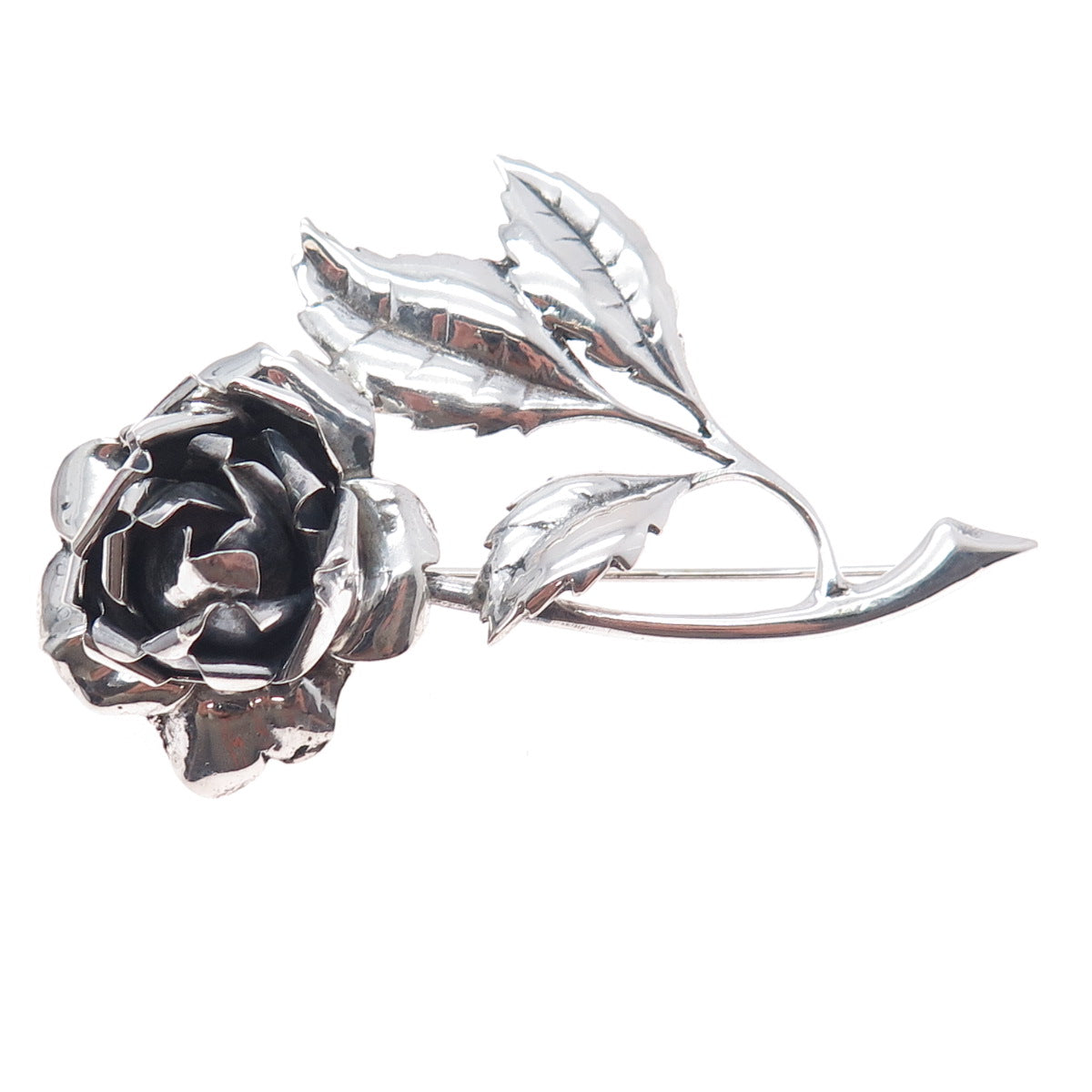 925 Sterling Silver Antique Art Deco Rose Flower Oxidized Pin Brooch