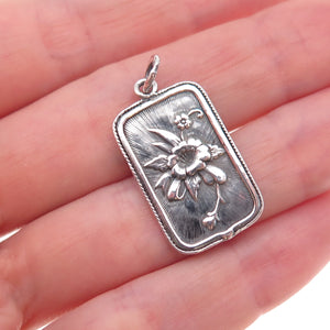 925 Sterling Silver Vintage Floral Chinese Character Oxidized Charm Pendant