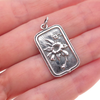 925 Sterling Silver Vintage Floral Chinese Character Oxidized Charm Pendant