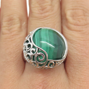 925 Sterling Silver Real Malachite Gemstone Ornate Ring Size 10