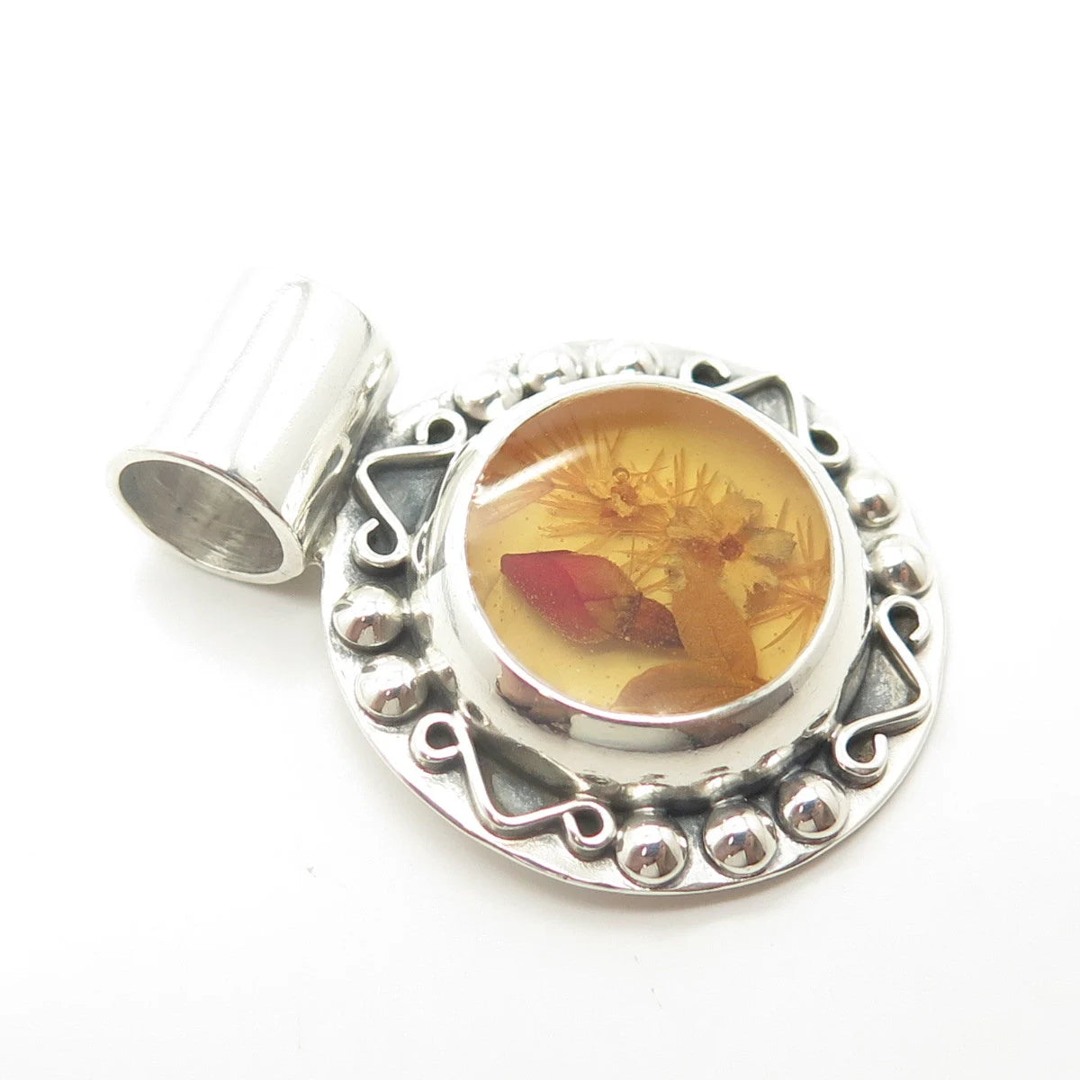 925 Sterling Silver Vintage Mexico Enamel Pressed Flower Round Pendant