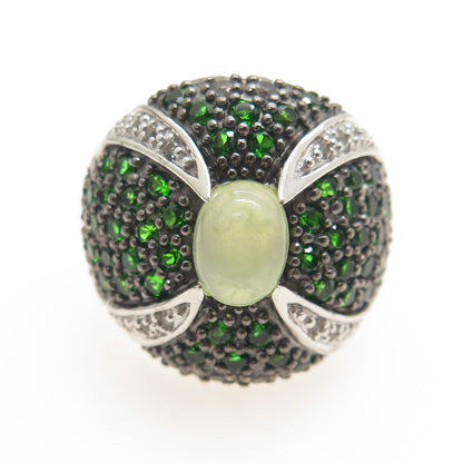 DSMK 925 Sterling Silver Real Prehnite Peridot & White Topaz Dome Ring Size 7.25