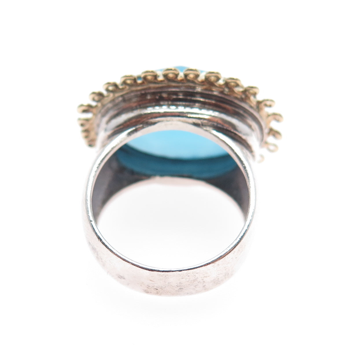 925 Sterling Silver 2-Tone Vintage Real Blue Chalcedony Flower Ring Size 7