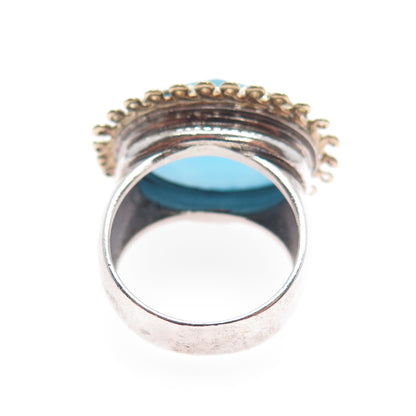 925 Sterling Silver 2-Tone Vintage Real Blue Chalcedony Flower Ring Size 7