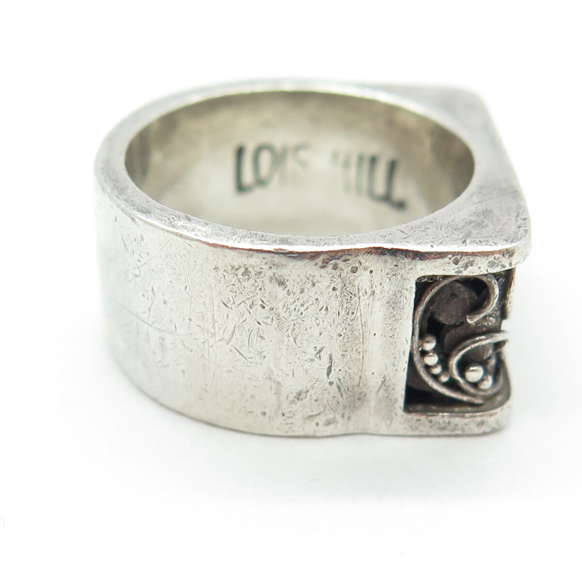 LOIS HILL 925 Sterling Silver Vintage Granulated Scroll Oxidized Ring Size 8.25