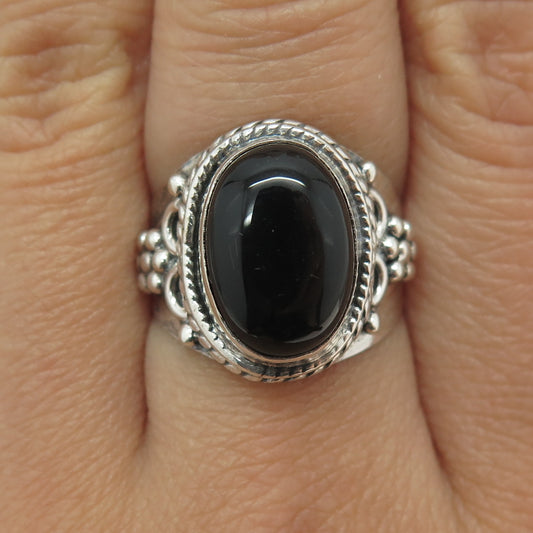 925 Sterling Silver Vintage Real Black Onyx Gemstone Ethnic / Boho Ring Size 8