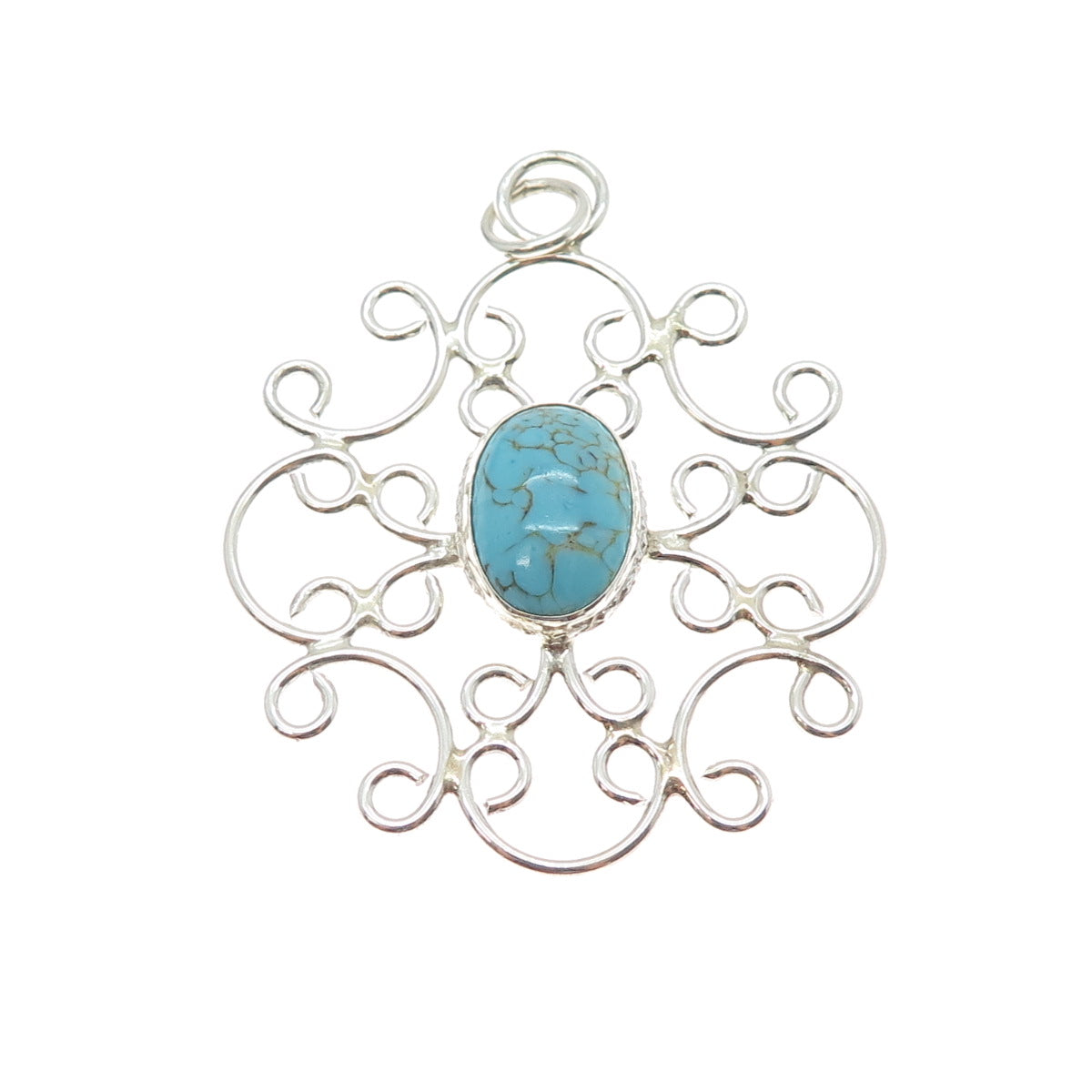 925 Sterling Silver Vintage Faux Turquoise Ornate Swirl Pendant