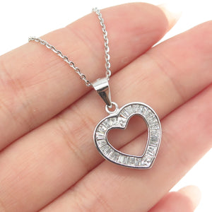 925 Sterling Silver Tapered Baguette-Cut C Z Heart Cable Chain Necklace 16"