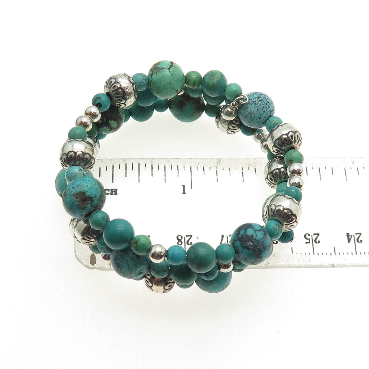 Old Pawn 925 Sterling Turquoise Navajo Pearls Beaded Adjustable Wrap Bracelet 6"