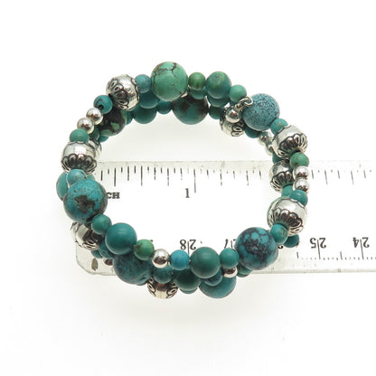 Old Pawn 925 Sterling Turquoise Navajo Pearls Beaded Adjustable Wrap Bracelet 6"