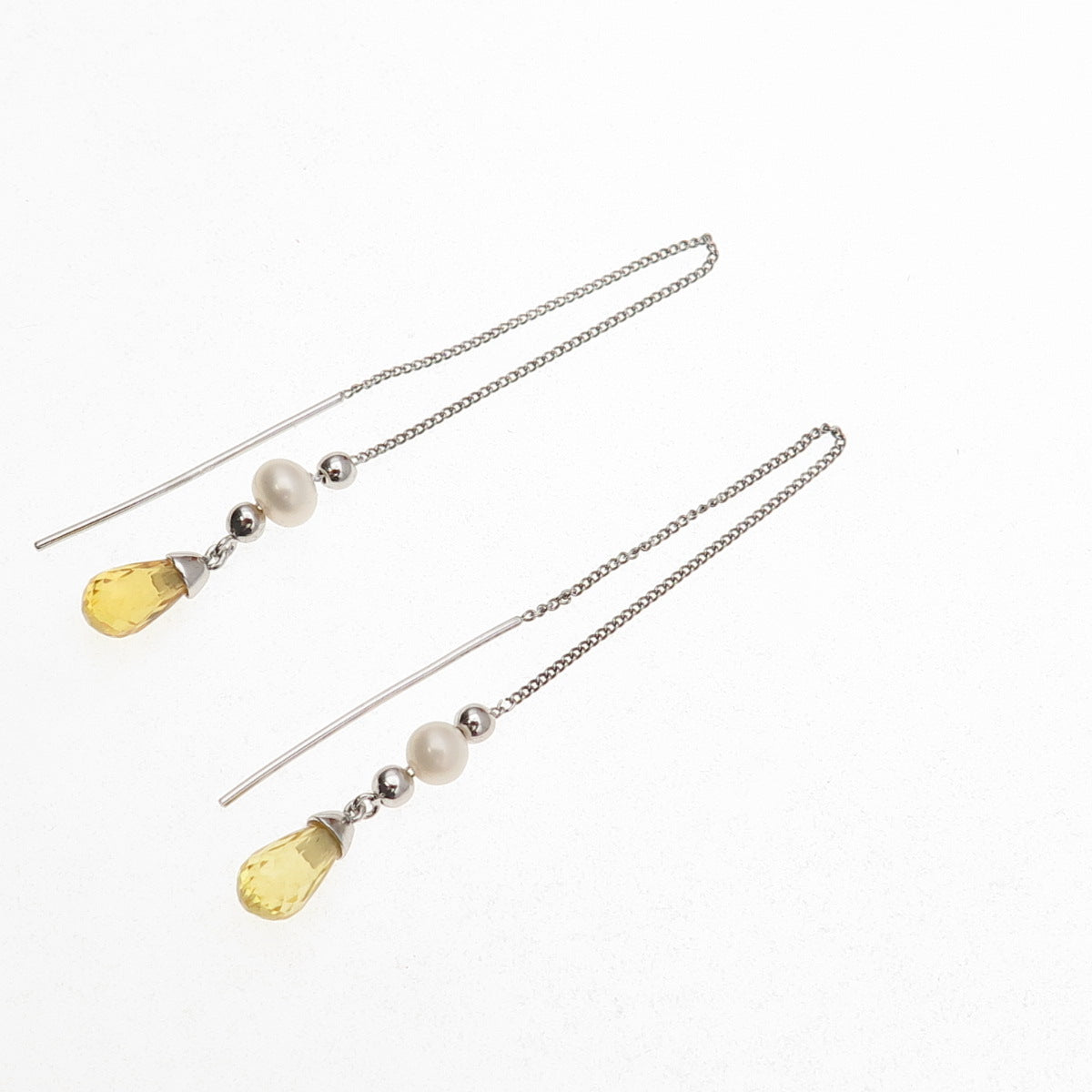 925 Sterling Silver Real Pearl & Lemon Quartz Chain Drop Earrings