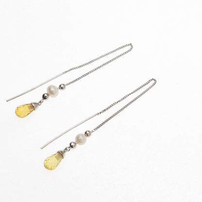 925 Sterling Silver Real Pearl & Lemon Quartz Chain Drop Earrings