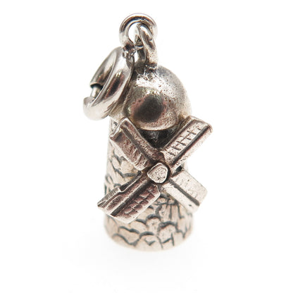 925 Sterling Silver Vintage Windmill Spring Ring Lock Oxidized 3D Charm Pendant