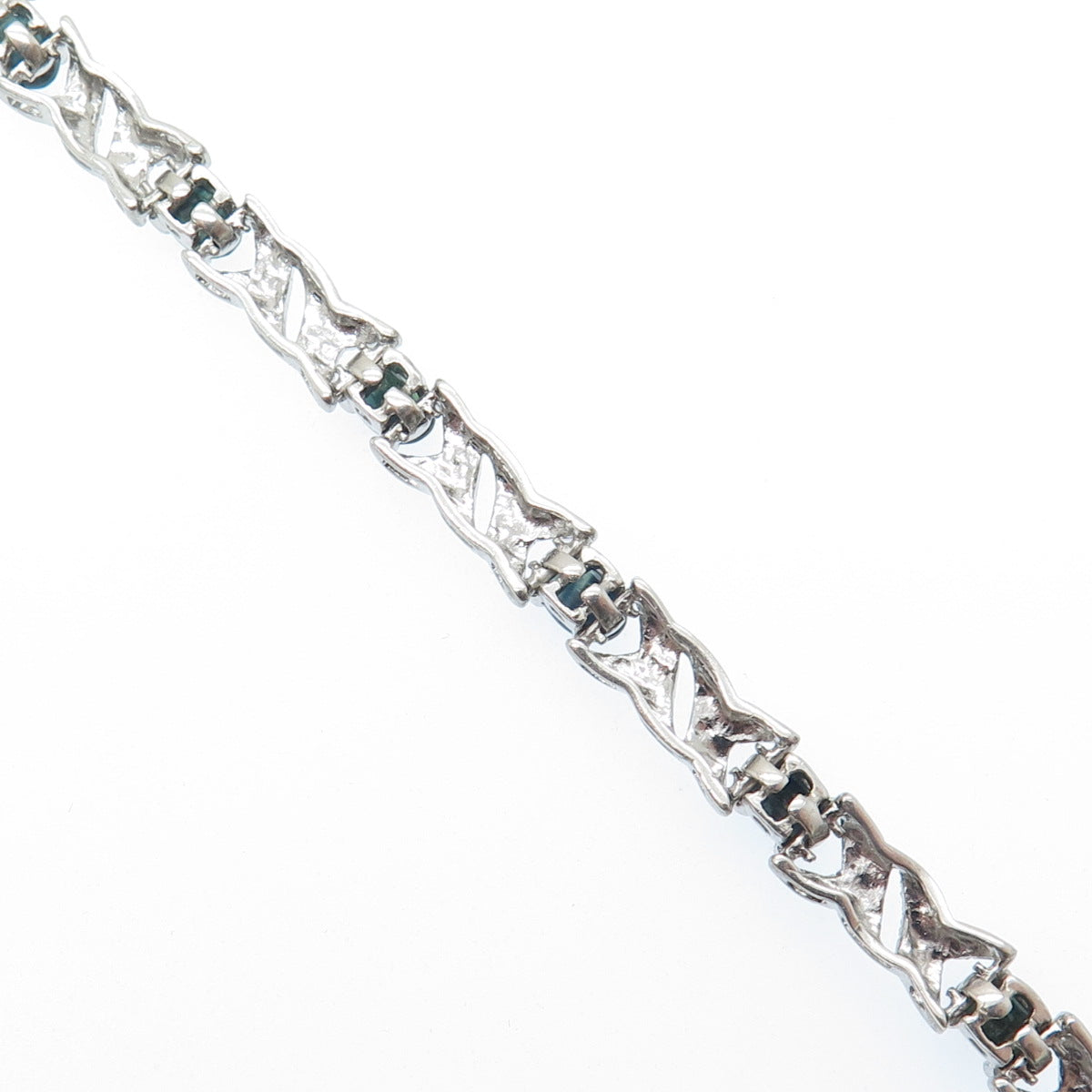 925 Sterling Silver Real Diamond Accent & Sapphire Gem XO Link Bracelet 7"