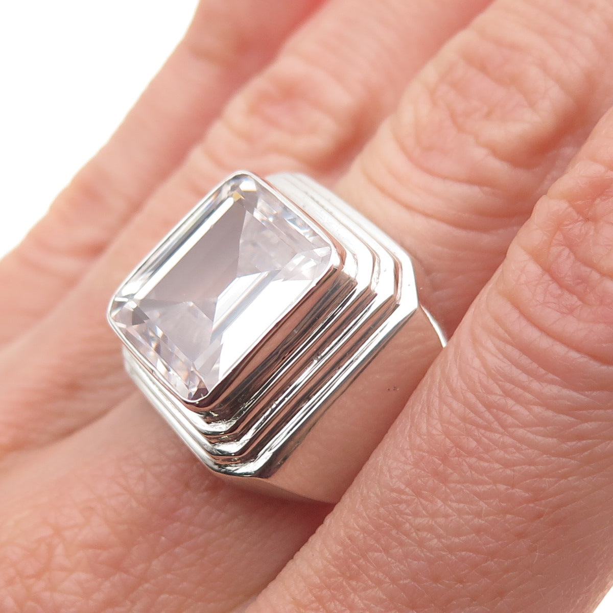 925 Sterling Silver Vintage Emerald-Cut C Z Statement Ring Size 8