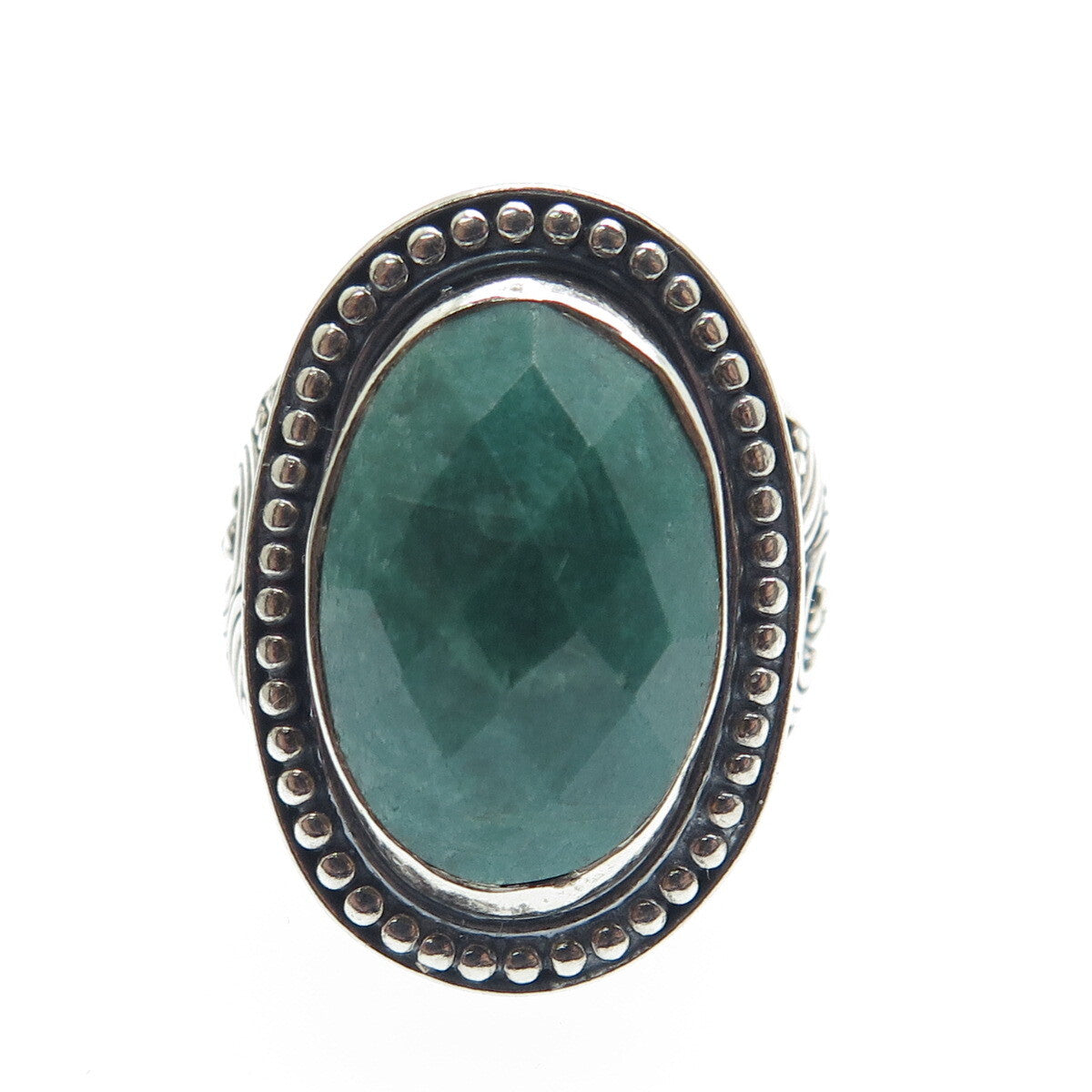DSMK 925 Sterling Silver Vintage Real Emerald Granulated Oxidized Ring Size 6.5