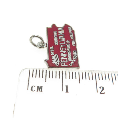 925 Sterling Silver Vintage Red Enamel "Pennsylvania" State Map Pendant