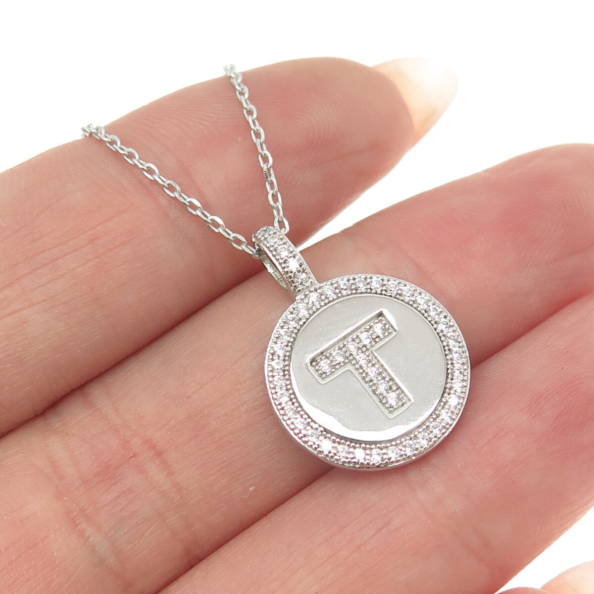 925 Sterling Silver Round-Cut C Z Letter "T" Initial Cable Chain Necklace 16-18"