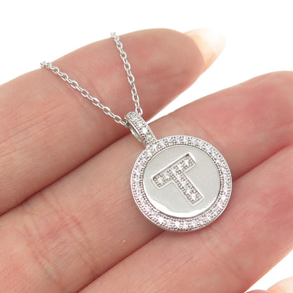 925 Sterling Silver Round-Cut C Z Letter "T" Initial Cable Chain Necklace 16-18"