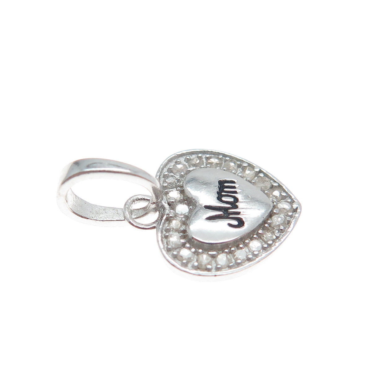 925 Sterling Silver Real Round-Cut Diamond Mom Heart Minimalist Charm Pendant