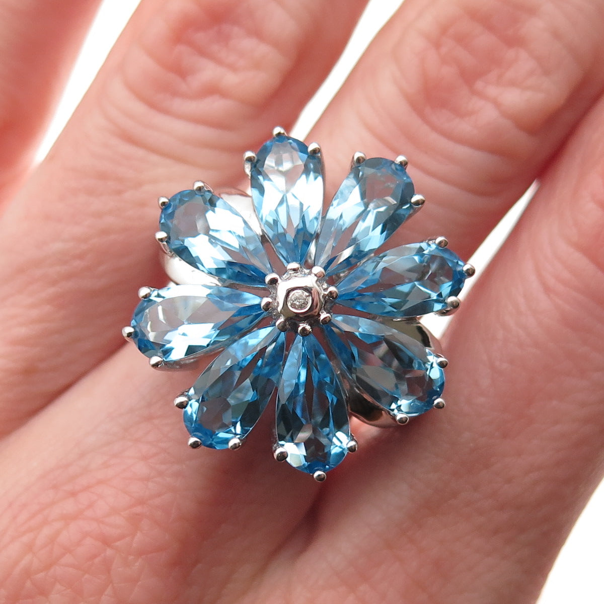 925 Sterling Silver Real Diamond & Blue Topaz Floral Ring Size 7.25