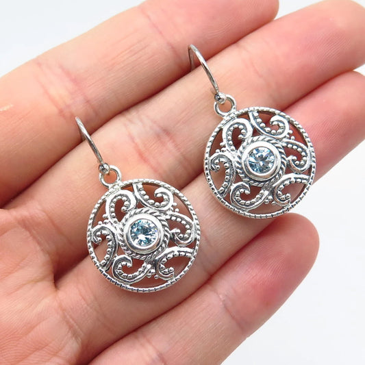 925 Sterling Silver Vintage Blue Topaz-Tone C Z Ornate Round Dangling Earrings