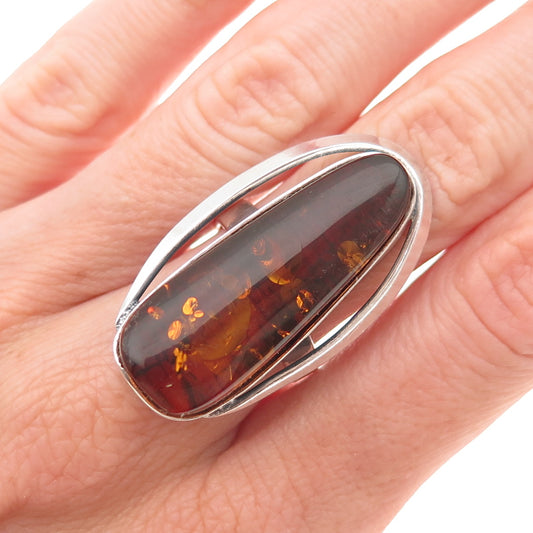 925 Sterling Vintage Poland Real Amber Modernist Adjustable Ring Size 6.75