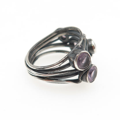 925 Sterling Silver Vintage Real Amethyst Modernist Oxidized Ring Size 7