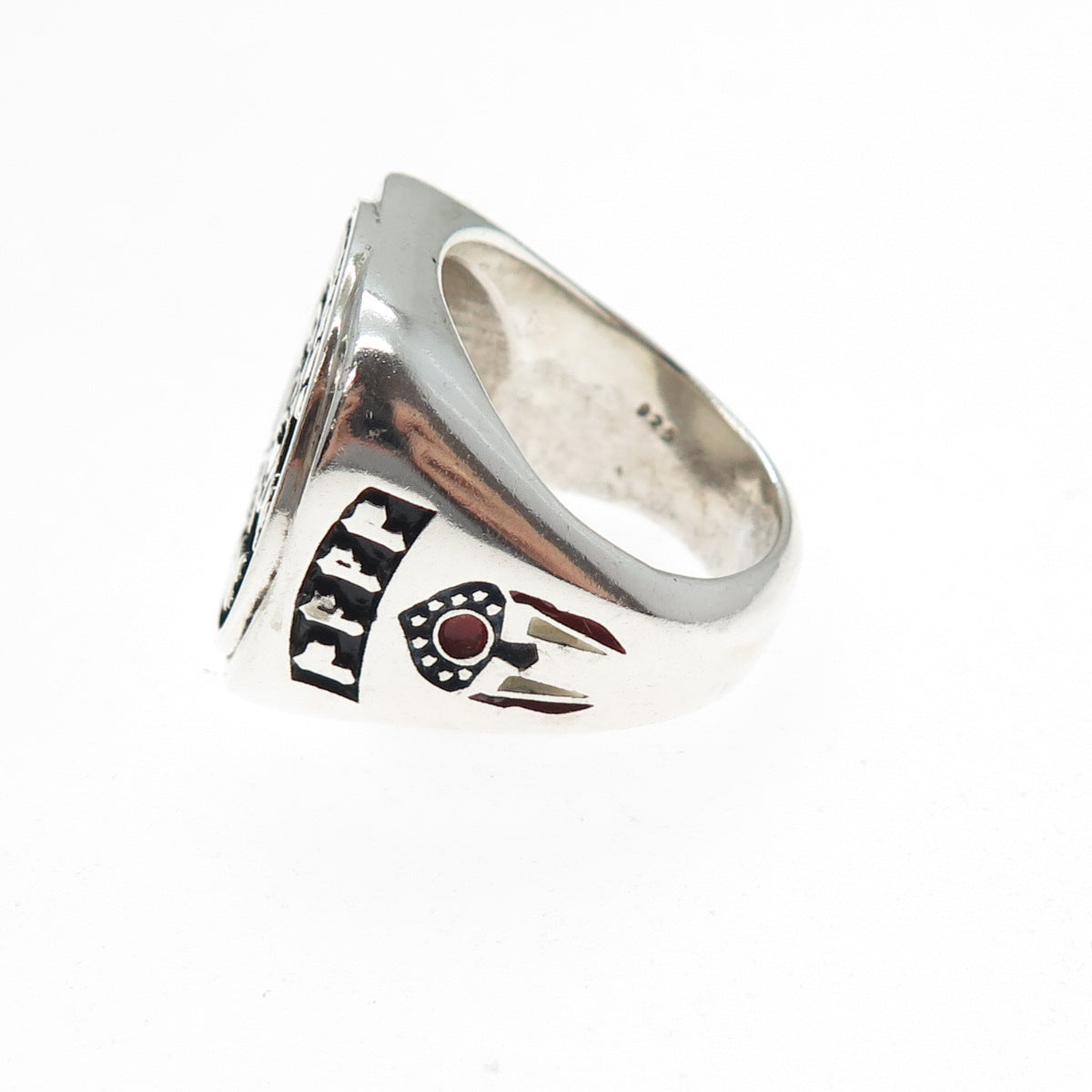925 Sterling Silver Vintage 1999 Enamel Punishers Black Swamp Ring Size 8.75