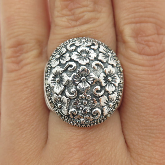 925 Sterling Silver Vintage Real Marcasite Gemstone Flower Ring Size 8.25