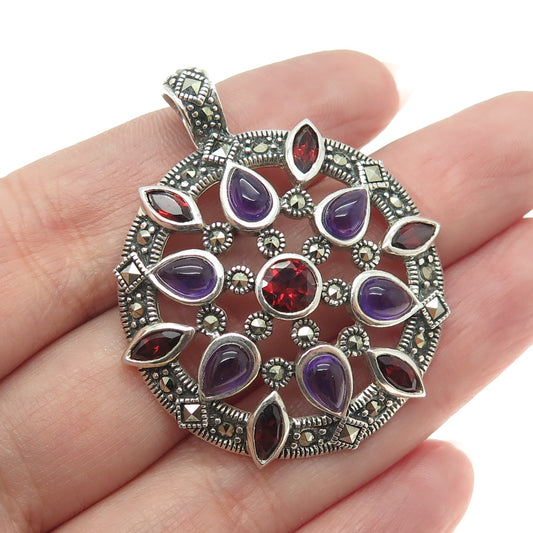 925 Sterling Silver Vintage Amethyst Red Garnet & Marcasite Gemstone Pendant