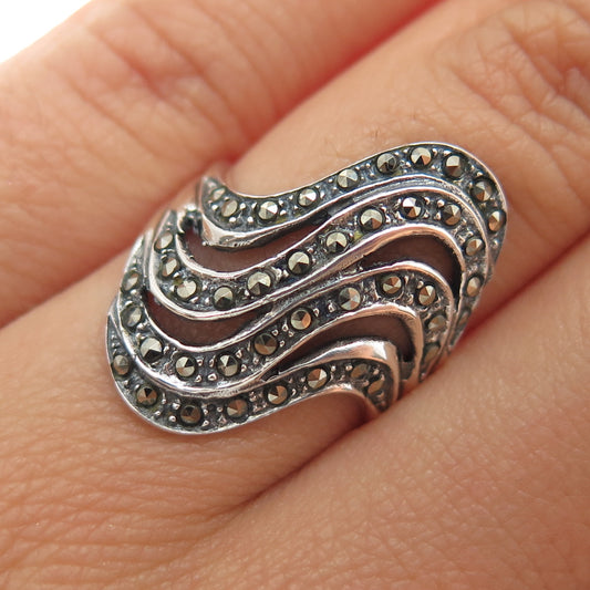 925 Sterling Silver Vintage Real Marcasite Modernist Wavy Ring Size 6
