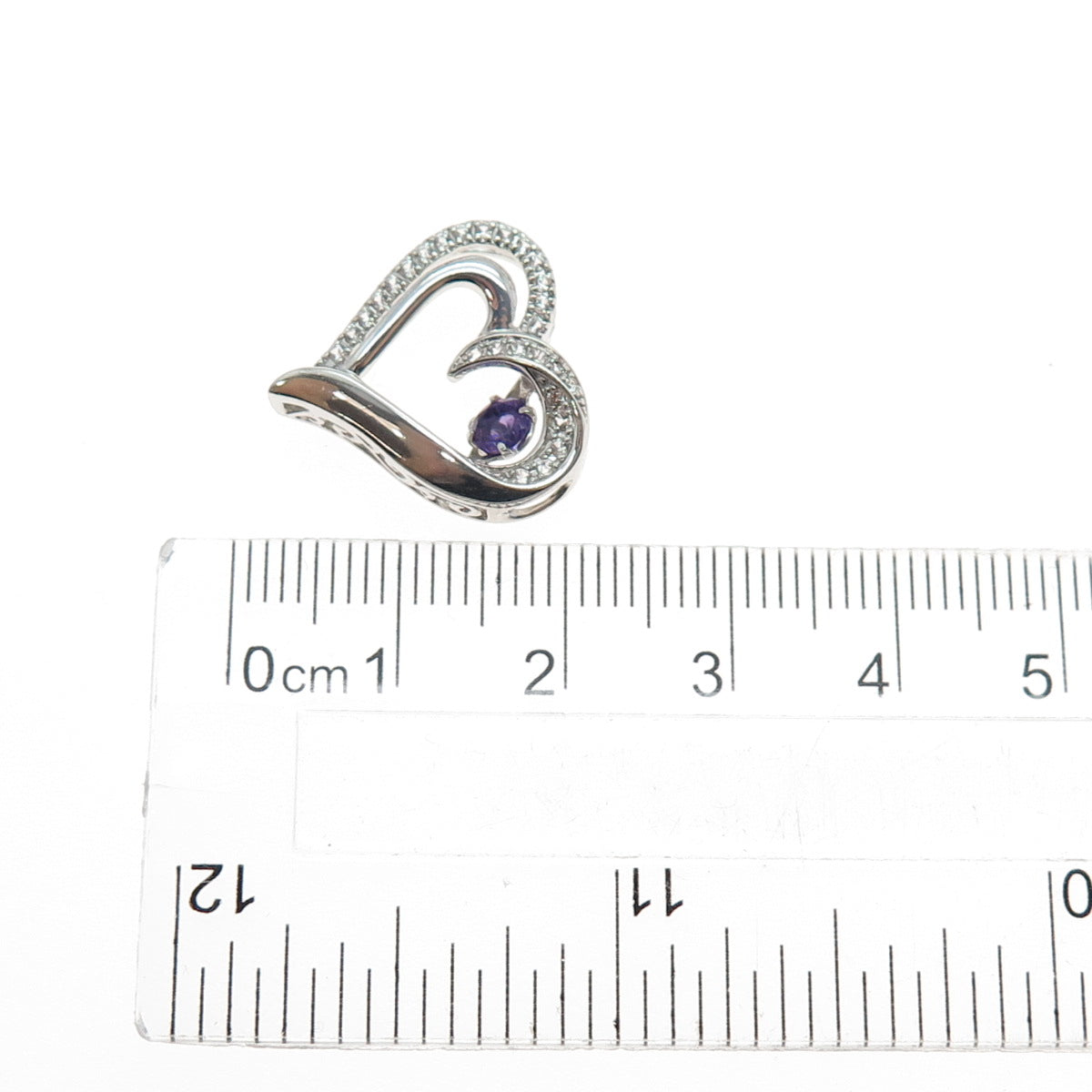925 Sterling Silver Real Round-Cut Amethyst White Topaz Heart Mini Slide Pendant