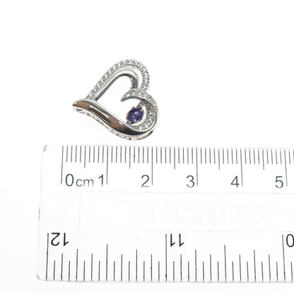 925 Sterling Silver Real Round-Cut Amethyst White Topaz Heart Mini Slide Pendant