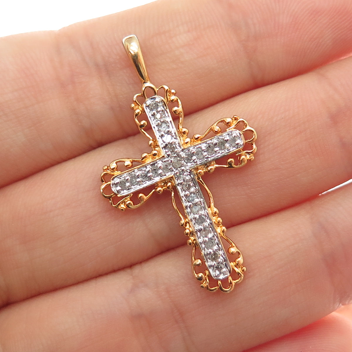 ROSS SIMONS 925 Sterling Silver Gold Plated Real Diamond Cross Charm Pendant