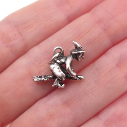925 Sterling Silver Vintage Witch On Broomstick Oxidized 3D Charm Pendant