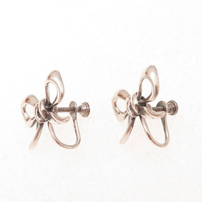 925 Sterling Silver Antique Art Deco Ribbon Bow Oxidized Screw Back Earrings