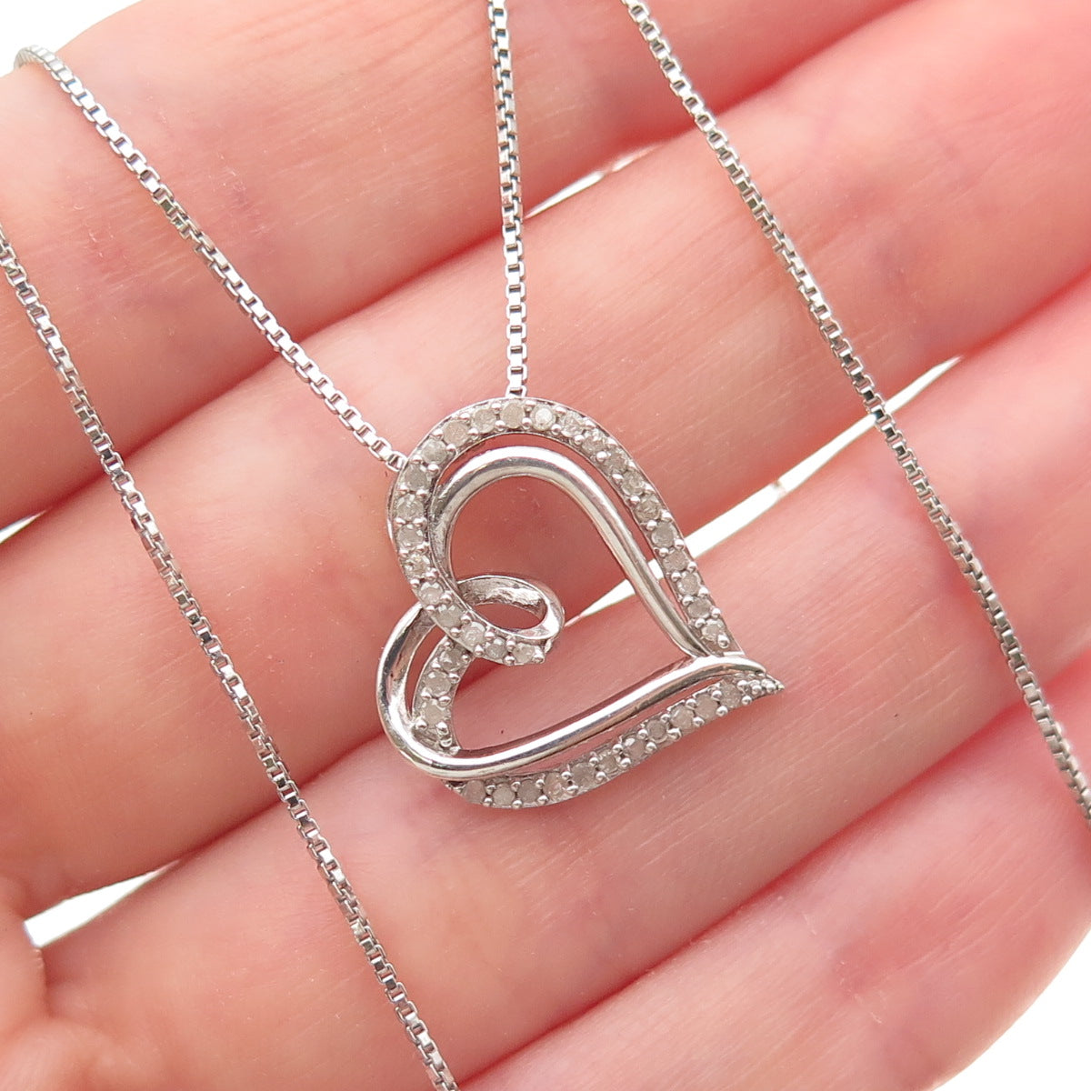 925 Sterling Silver Real Round-Cut Diamond Heart Box Chain Necklace 18"