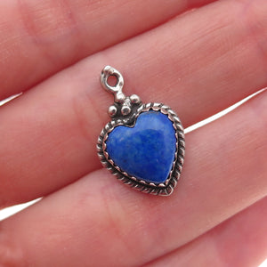 925 Sterling Silver Vintage Real Lapis Heart Oxidized Charm Pendant