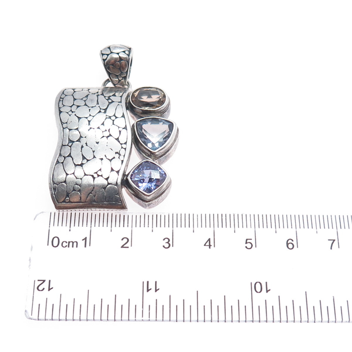 925 Sterling Silver Vintage Real Tanzanite Iolite Smoky Quartz Modernist Pendant
