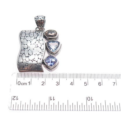 925 Sterling Silver Vintage Real Tanzanite Iolite Smoky Quartz Modernist Pendant