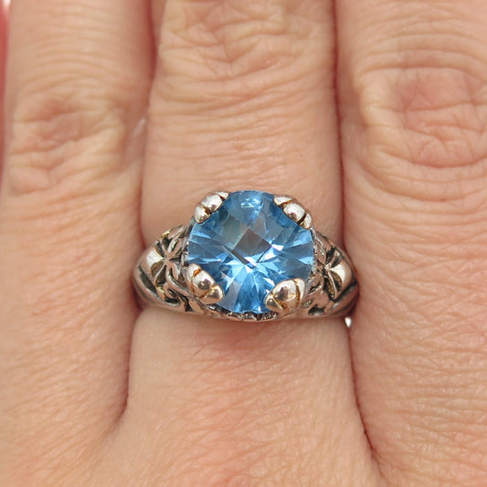 925 Sterling Silver Vintage Round-Cut Ocean Blue C Z Ornate Ring Size 7.75