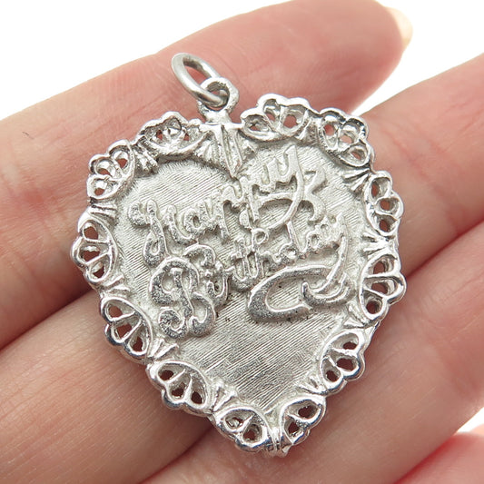 925 Sterling Silver Vintage "Happy Birthday" Ornate Heart Pendant