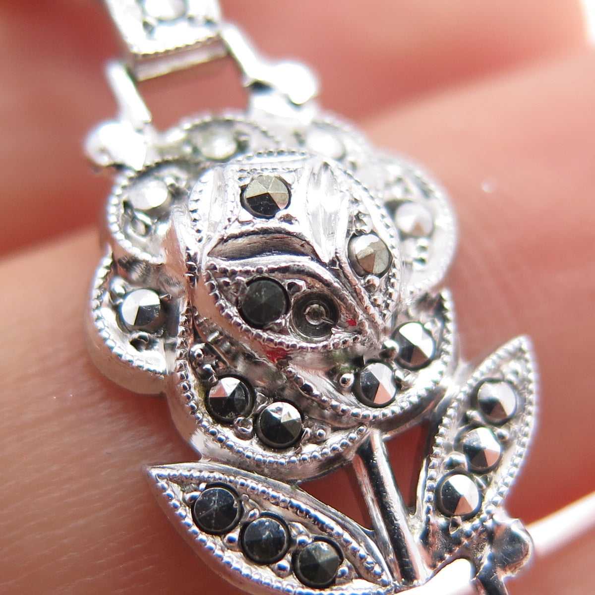 925 Sterling Silver Antique Real Marcasite Rose Bracelet 7" (missing 1 stone)